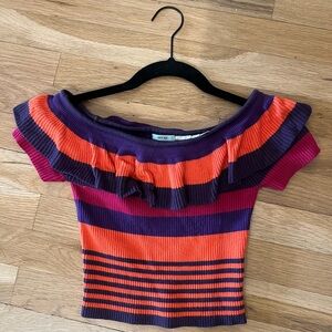 Striped Off-Shoulder Ruffle Top - Purple, Orange, Pink